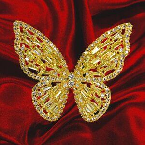 Gold butterfly crystal brooch pin with yellow and clear baguette crystals New